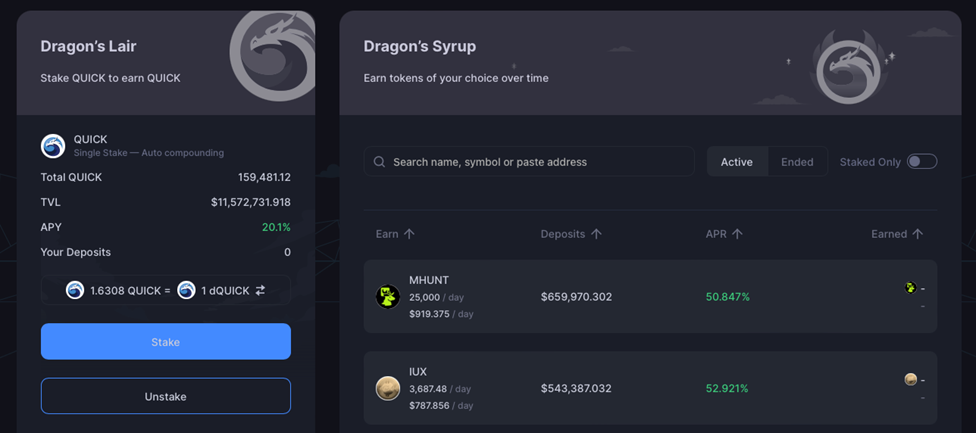 QuickSwap Dragon's Lair single-stake and Dragon's Syrup reward pools interface