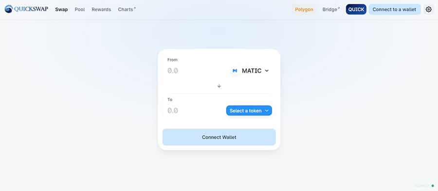 Illustration of a QuickSwap-style swap interface on Polygon showing a MATIC token selector